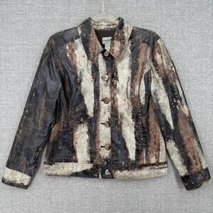 Chico's Jacket Womens 1 Brown Embroidered Collared Lined‎ Twill Floral Button